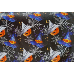10cm Polyesterjersey Foliendruck Halloween HEXENKÜRBIS auf Schwarz  (Grundpreis € 13,00/m)